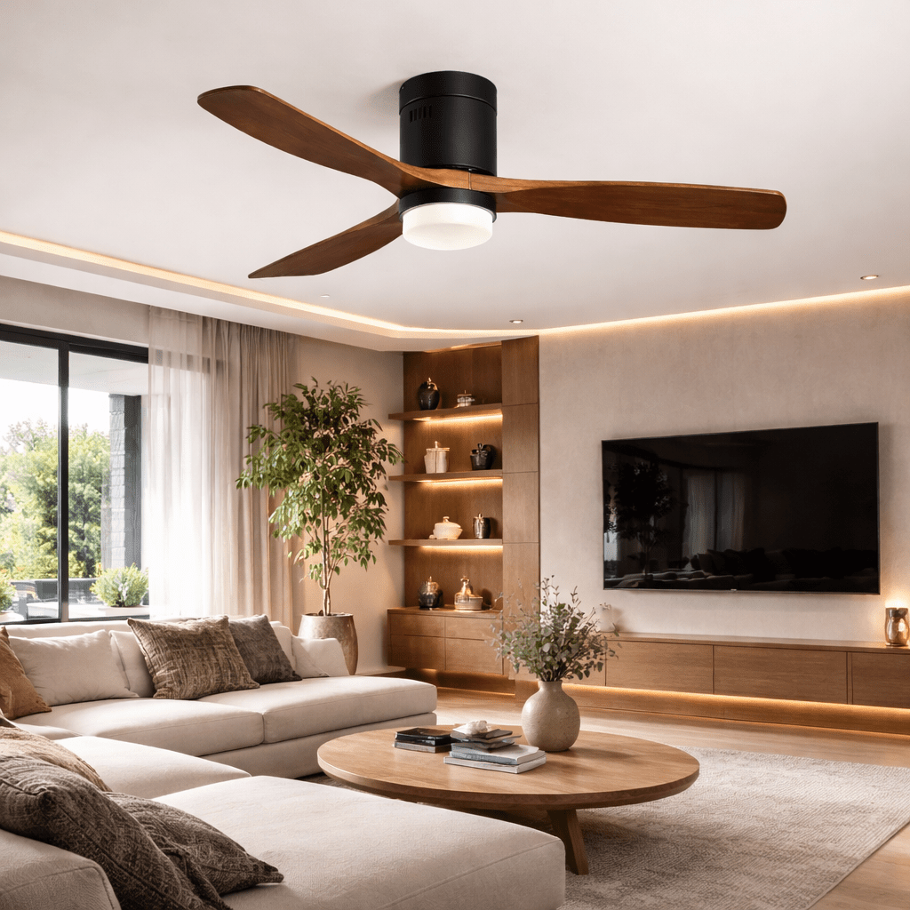 Ventilateur de plafond silencieux en bois avec LED et télécommande – 132 cm - Ventileo Design