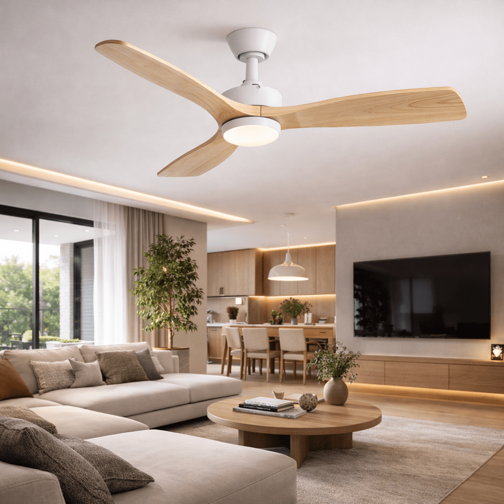 Ventilateur de plafond silencieux en bois clair avec télécommande – 132 cm - Ventileo Design